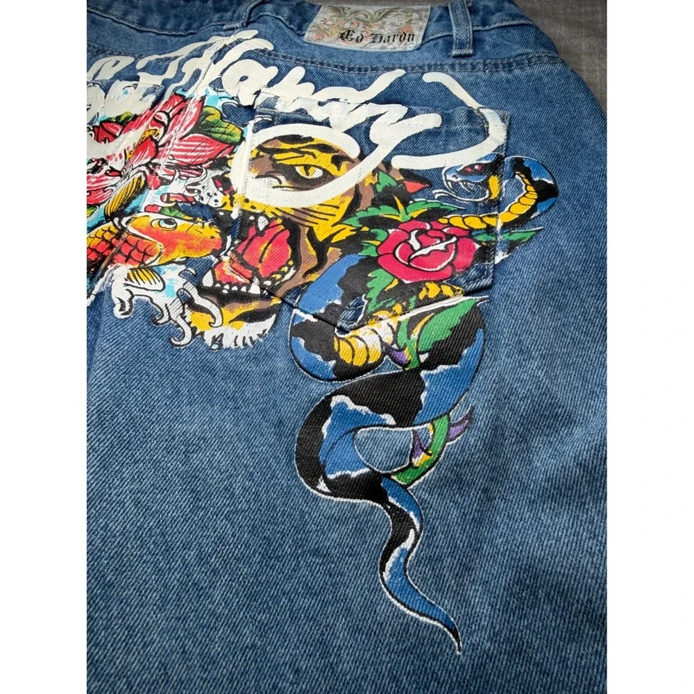 Ed Hardy Denim Women 24 Blue Flare Jeans Tattoo Graphic Tiger Dragon‎ WEHDB100-3